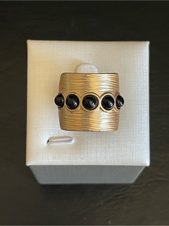 Jewelry - Gold-Tone Wide Band Ring with Black Stone Accents